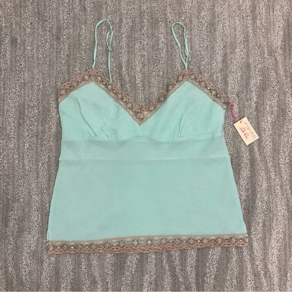 NWT Gold Hawk 100% Silk Beaded Lace Trim Camisole Tiffany Boho Fairy Women’s L - Picture 3 of 10